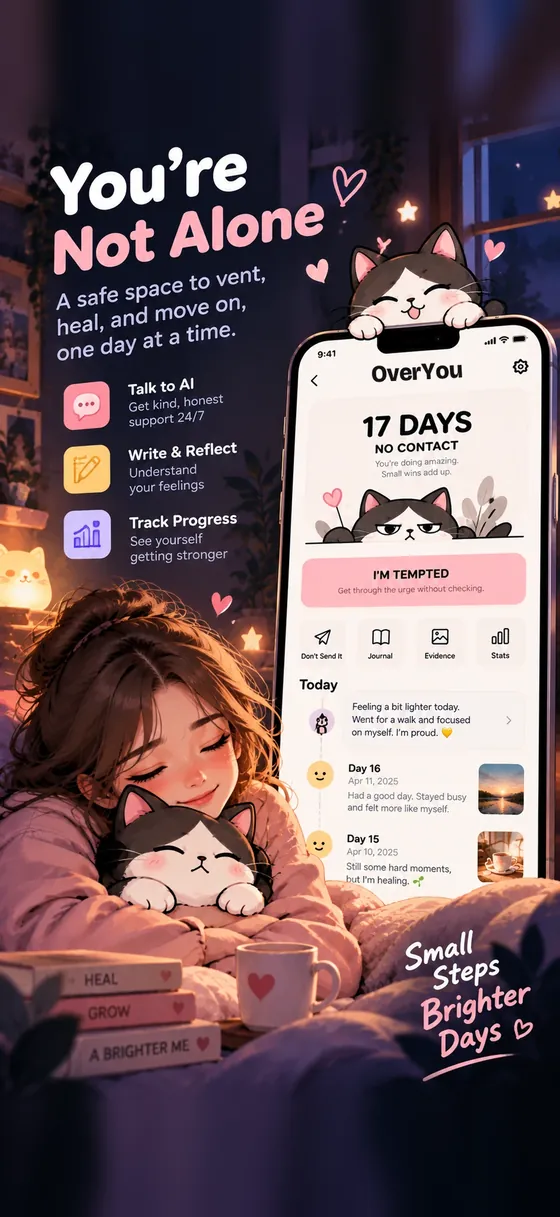 The OverYou app with a no-contact streak and quick tools for hard moments