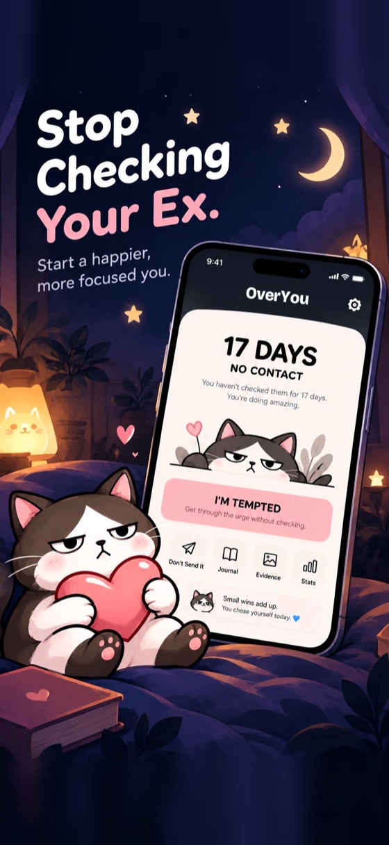 OverYou home screen with a 17-day no-contact streak